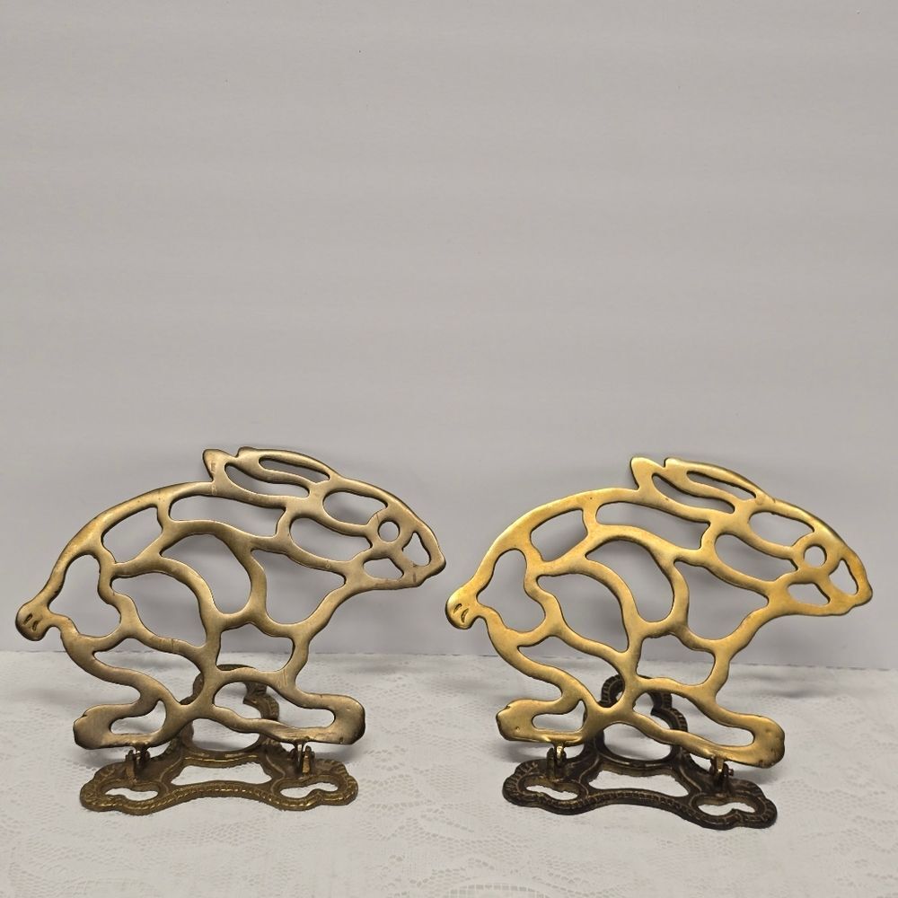 Vintage Bunny Rabbits Brass Folding Bookend Set Of 2 Easter Cottage Decor MCM